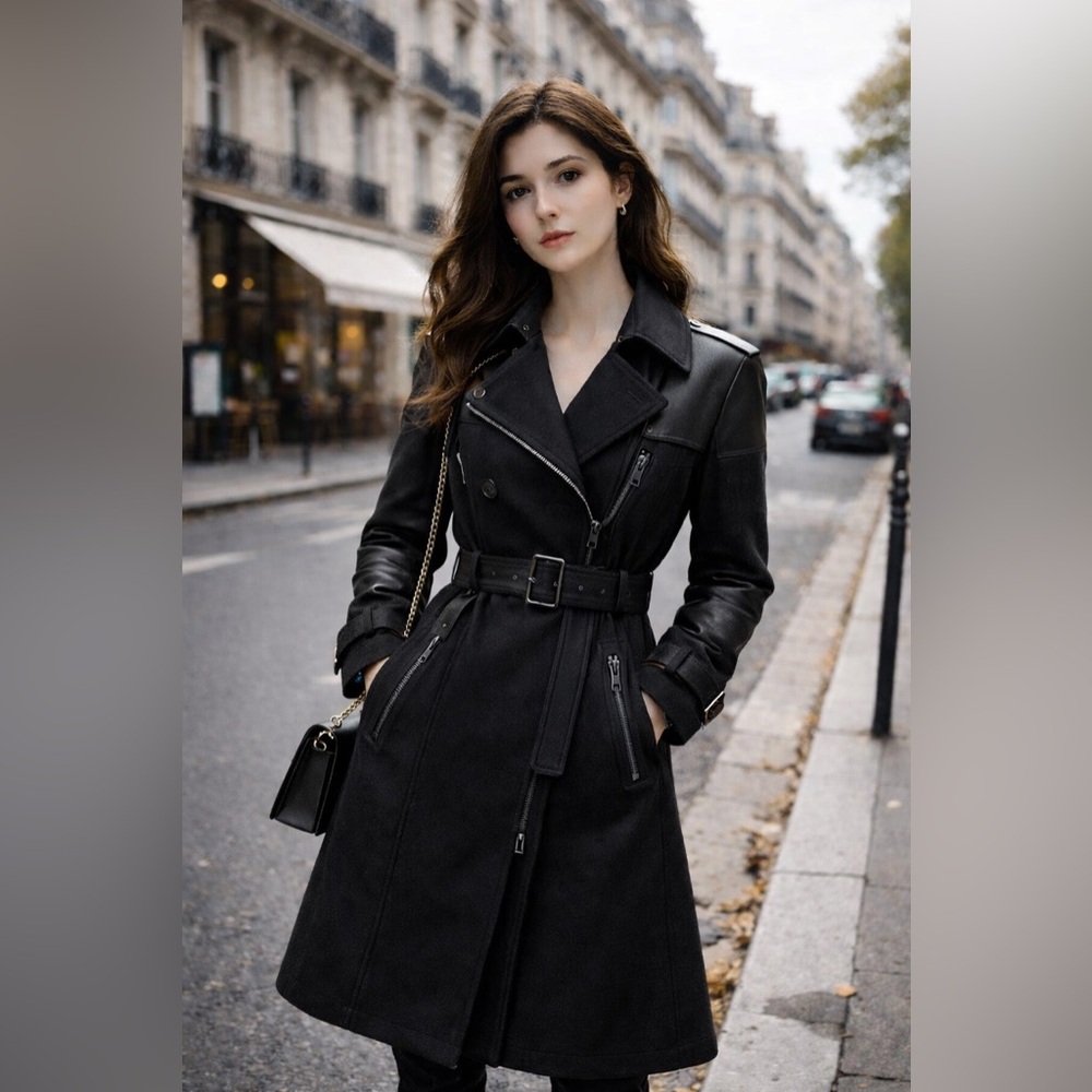 Sakura Wool Blend Black Women's Moto Trench Coat Asymmetrical Londoner style